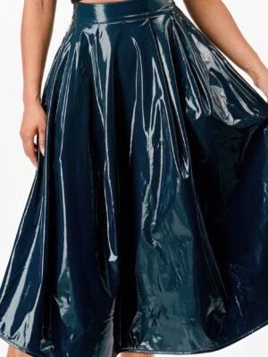 Metallic A-Line Midi Skirt With Pockets — Silver Stretch Fit day-to-night silver party skirt for women
