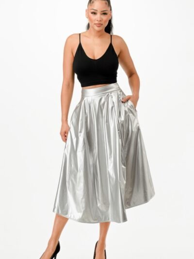 silver metallic midi skirt with pockets