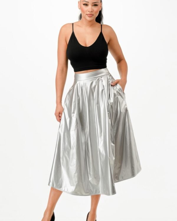 silver metallic midi skirt with pockets