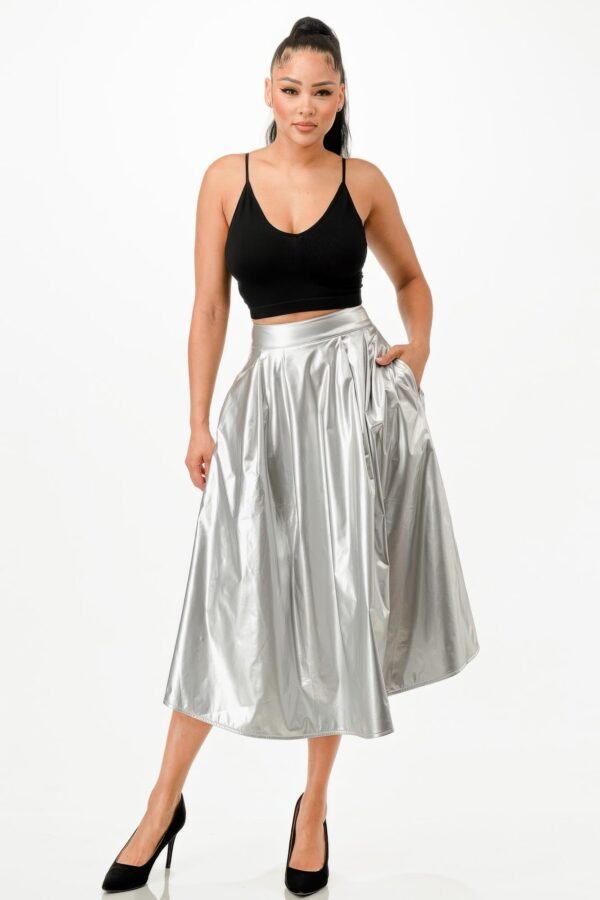 silver metallic midi skirt with pockets