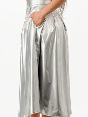 Metallic A-Line Midi Skirt With Pockets — Silver Stretch Fit day-to-night silver party skirt for women