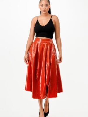 Metallic A-Line Midi Skirt With Pockets — Silver Stretch Fit day-to-night silver party skirt for women
