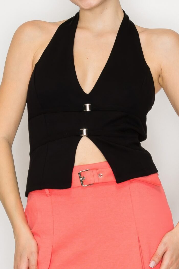 Halter neck buckled open-back top
