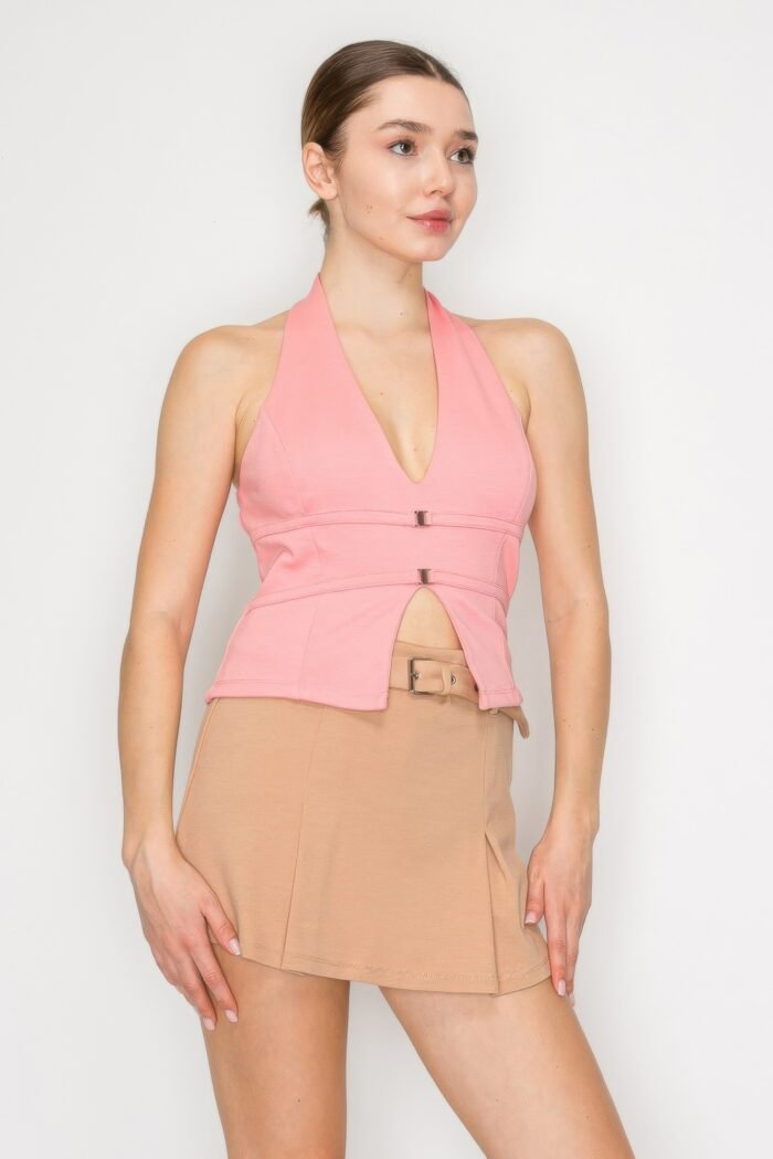 Halter neck buckled open-back top