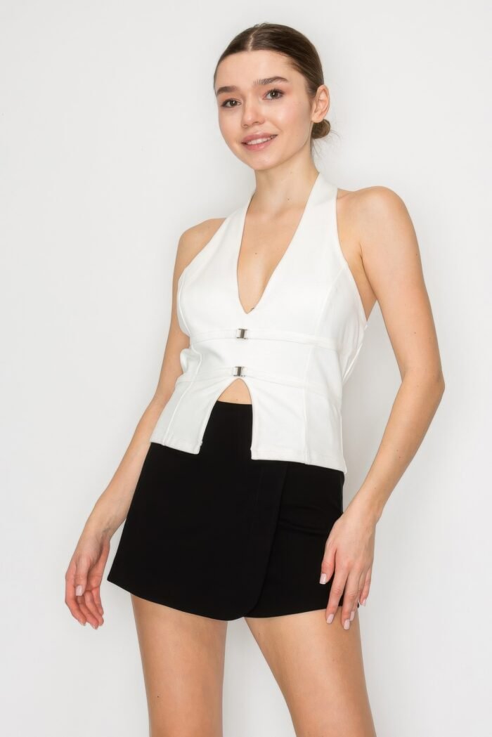 Halter neck buckled open-back top