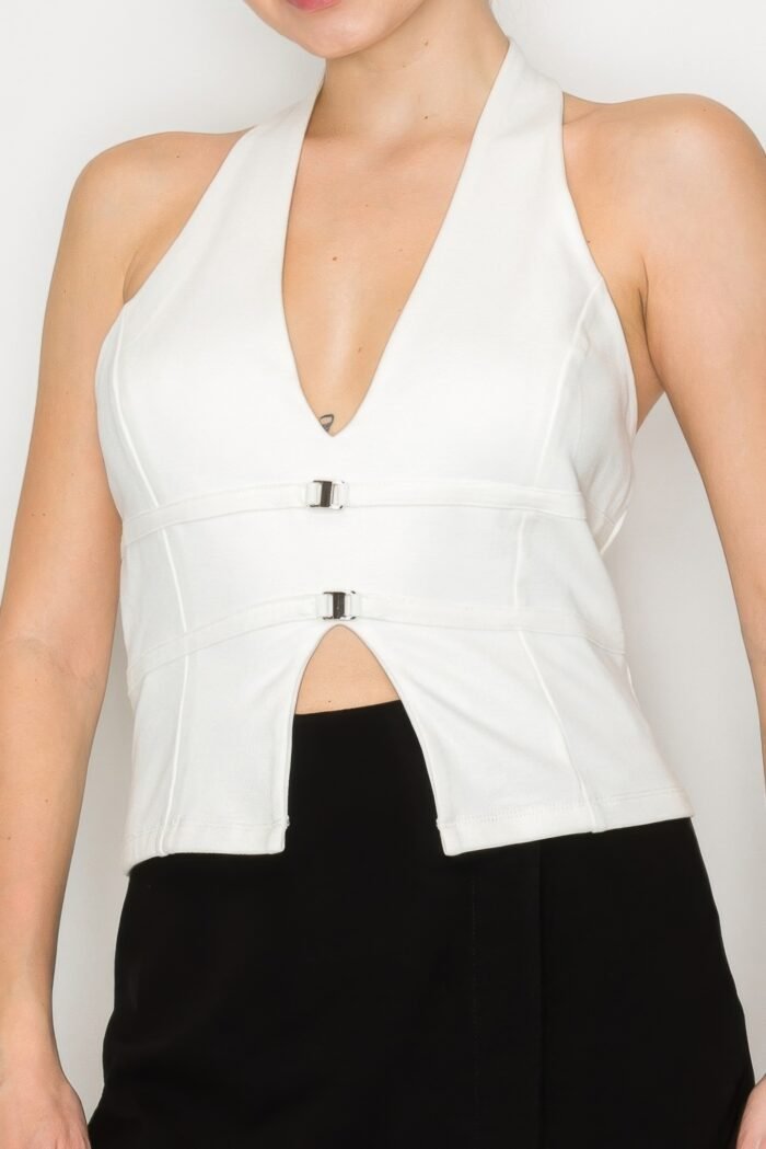 Halter neck buckled open-back top