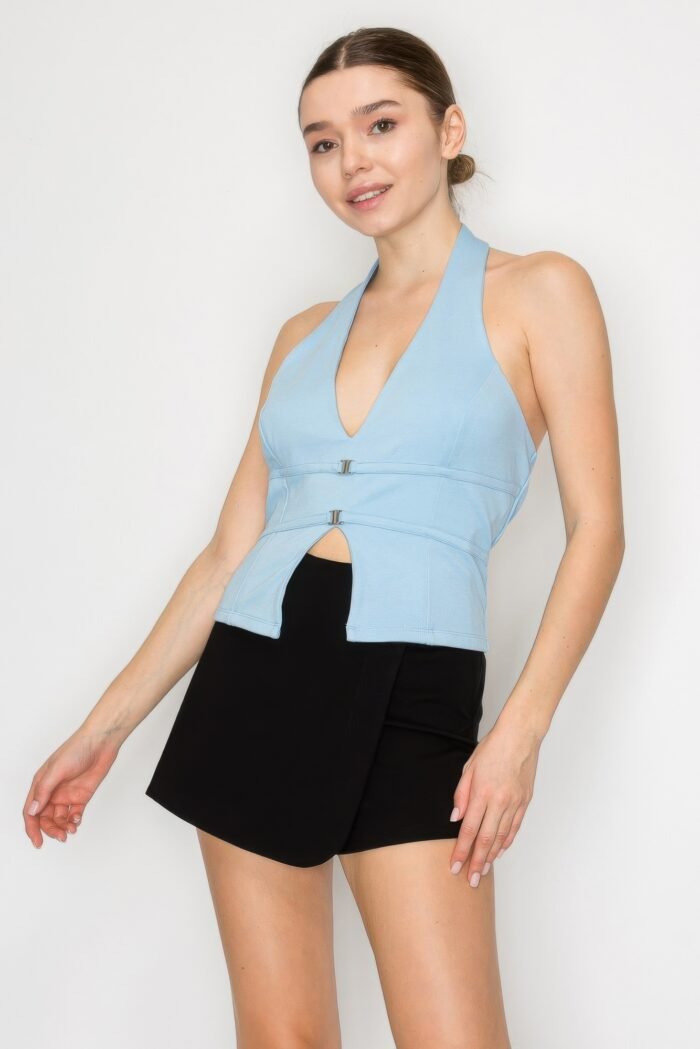 Halter neck buckled open-back top