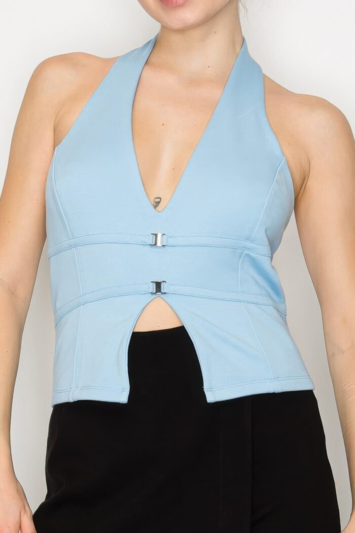 Halter neck buckled open-back top