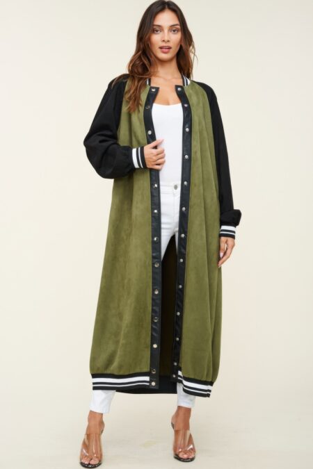 Maxi Faux Suede Jacket Green/Olive color-blocked design with snap buttons and button-down front