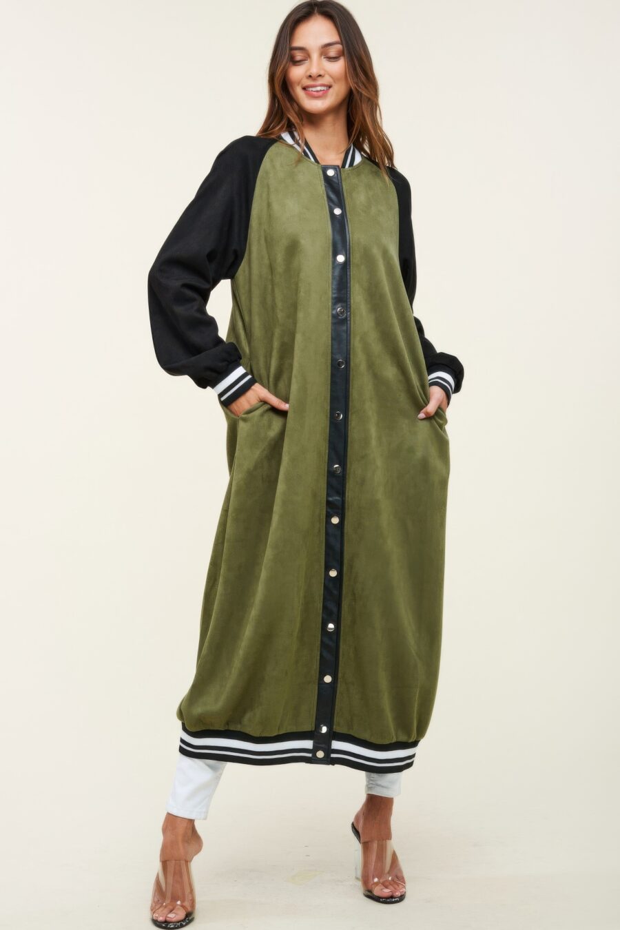 Maxi faux suede jacket green/olive color-blocked design with snap buttons and button-down front