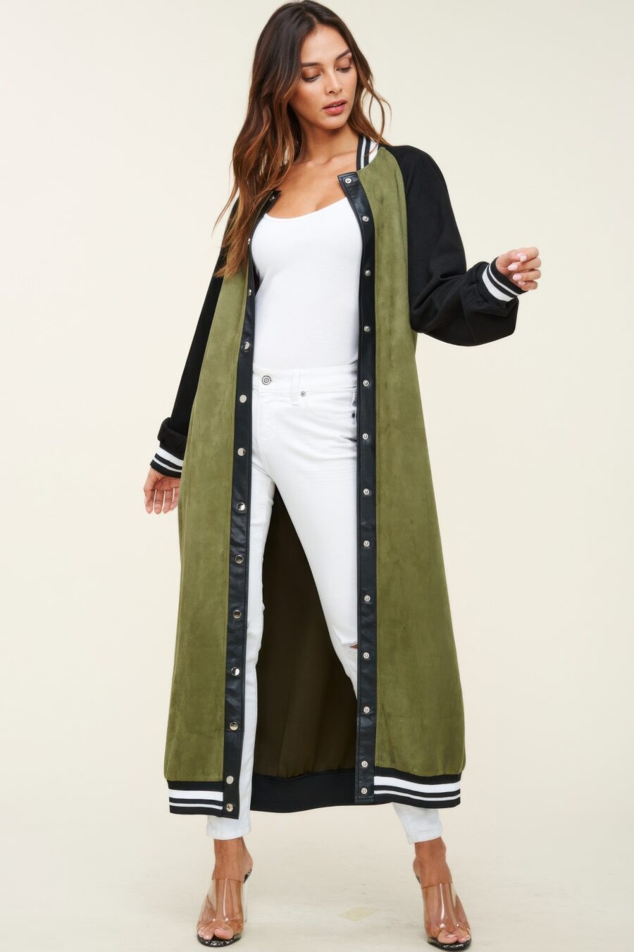 Maxi faux suede jacket green/olive color-blocked design with snap buttons and button-down front