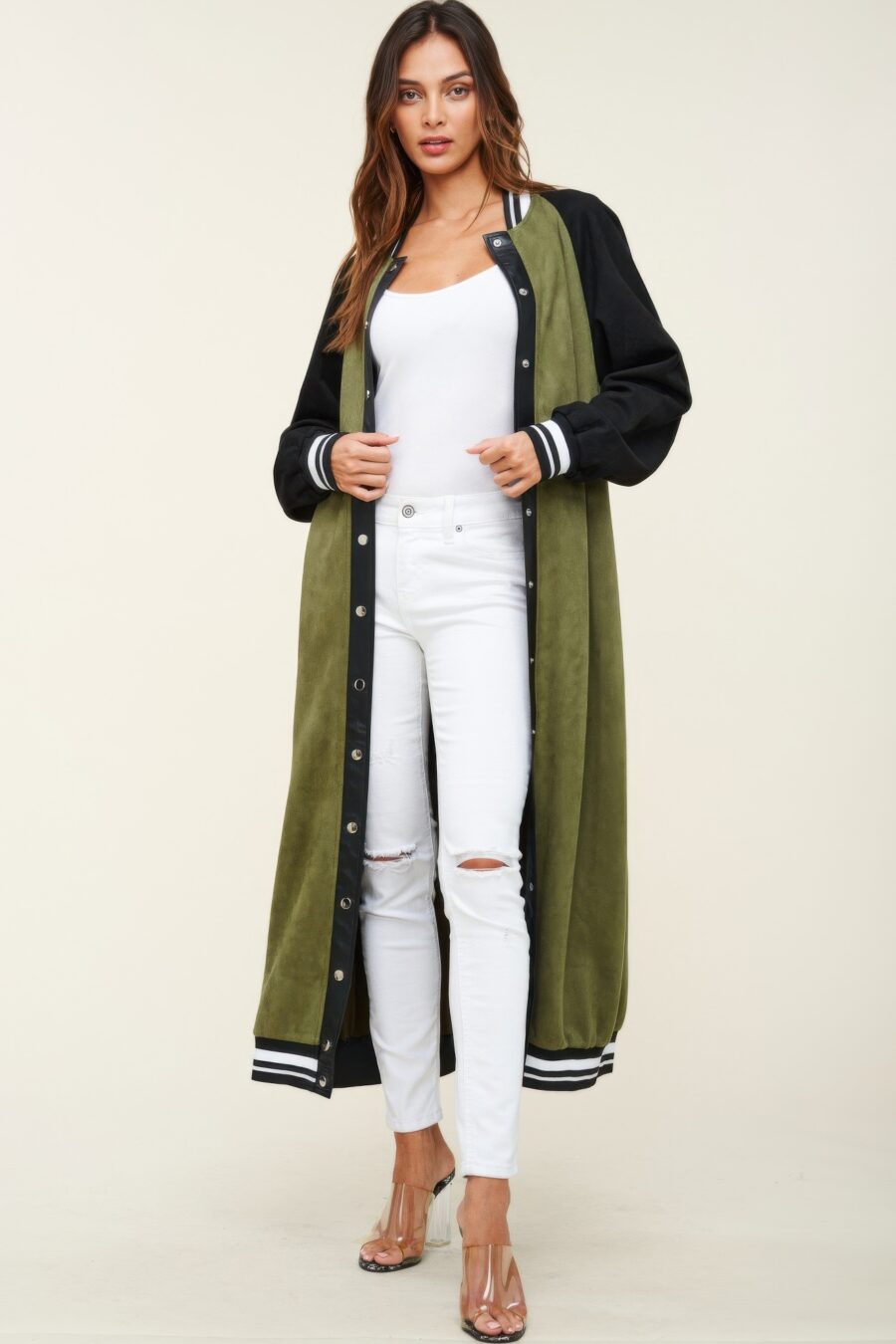 Maxi faux suede jacket green/olive color-blocked design with snap buttons and button-down front