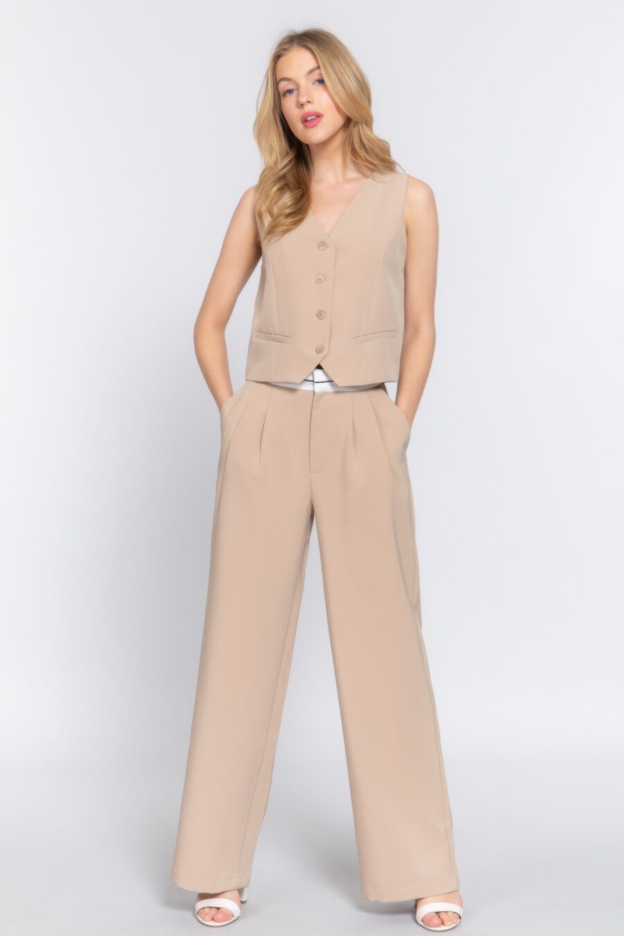 Contrast waistband straight long pants