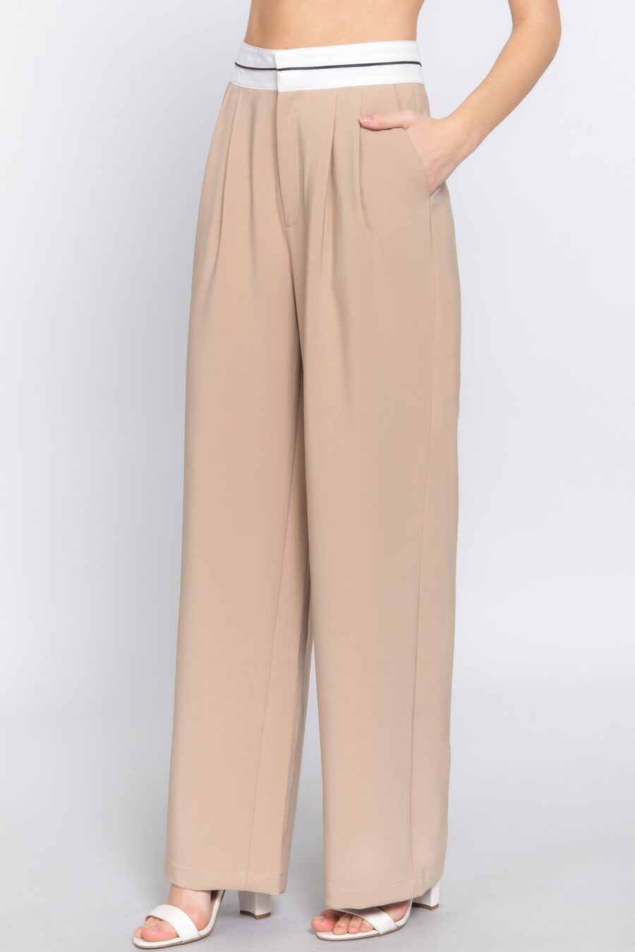 Contrast waistband straight long pants