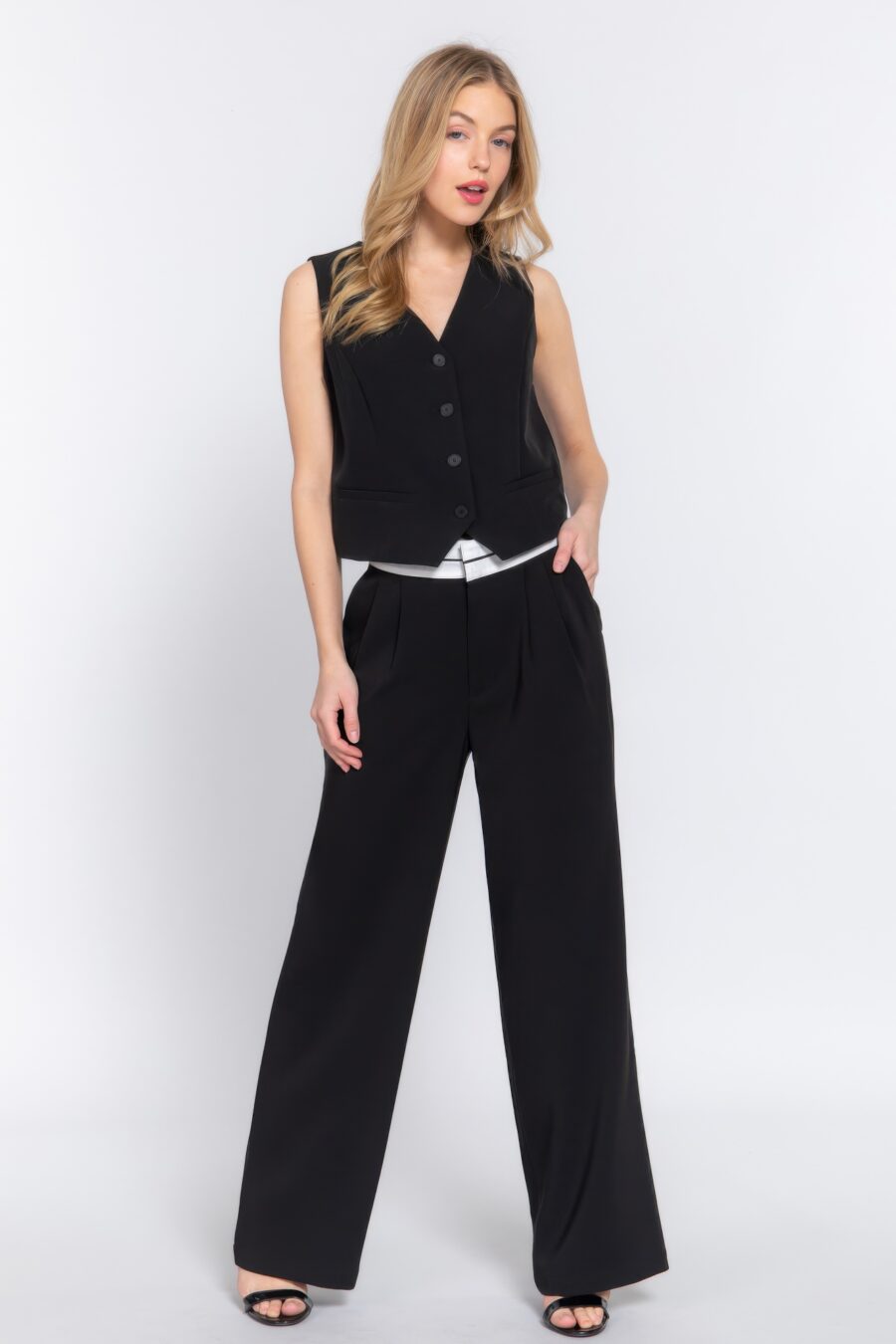 Contrast waistband straight long pants