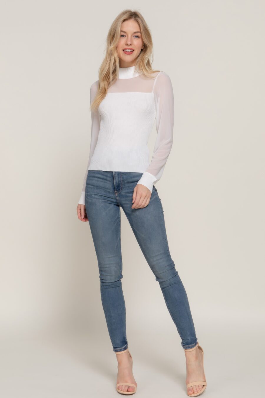 Long slv mesh panel detail sweater top