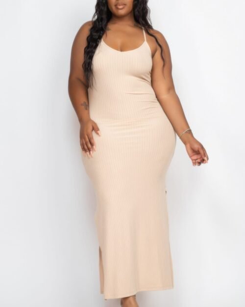 Plus Size Ribbed Side Slit Long Cami Maxi Dress