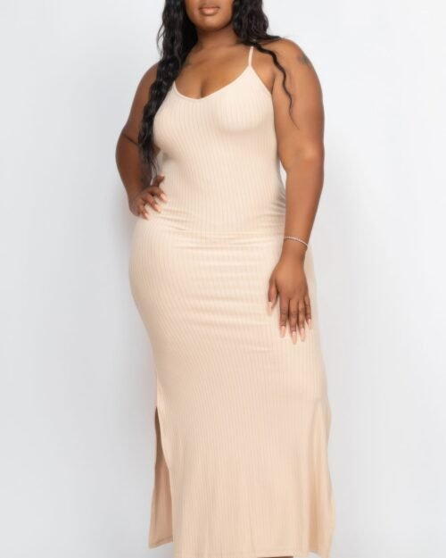 plus size ribbed side slit long cami maxi dress