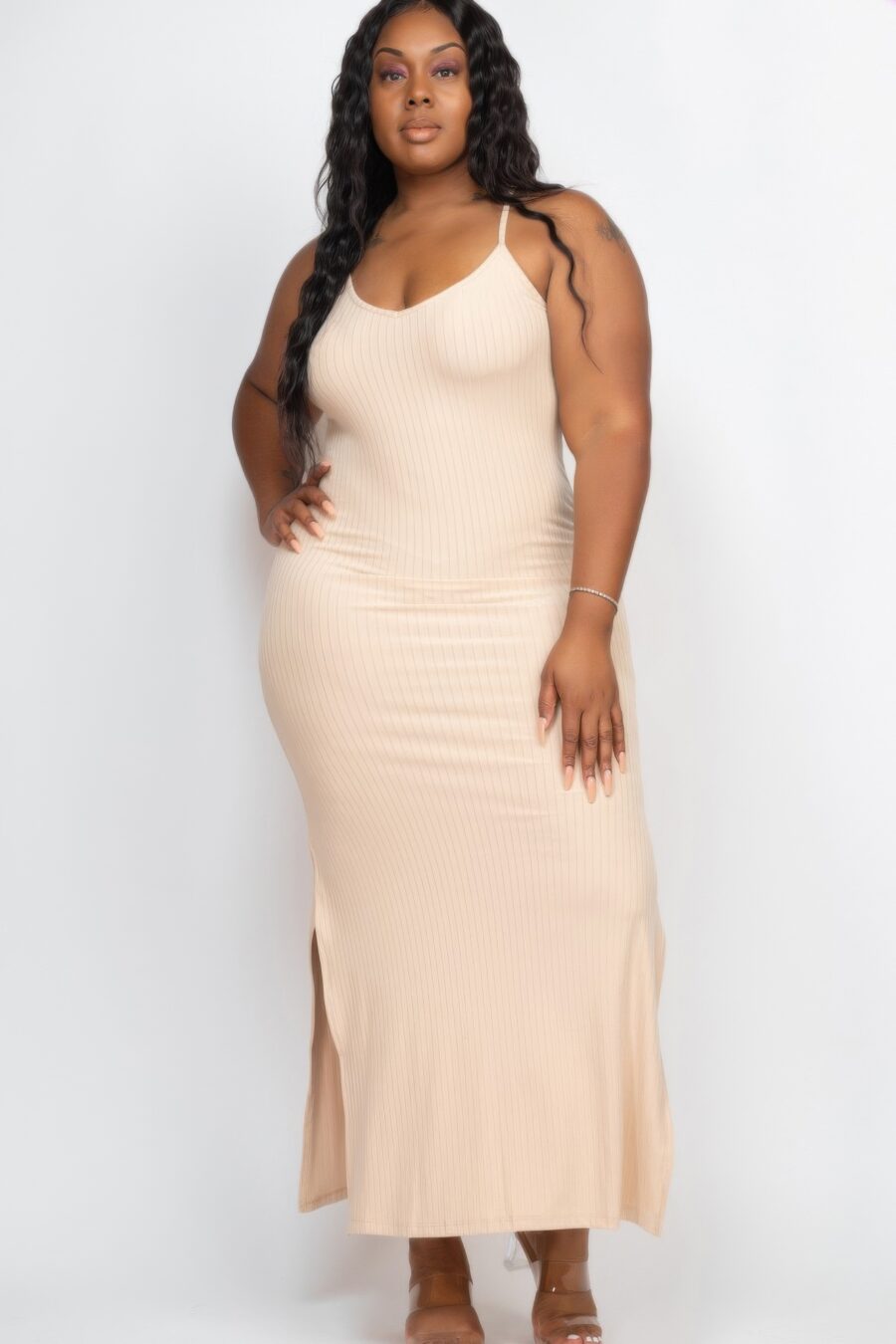 Plus size ribbed side slit long cami maxi dress