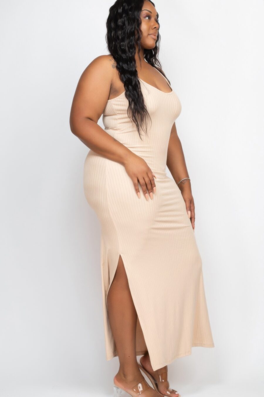 Plus size ribbed side slit long cami maxi dress