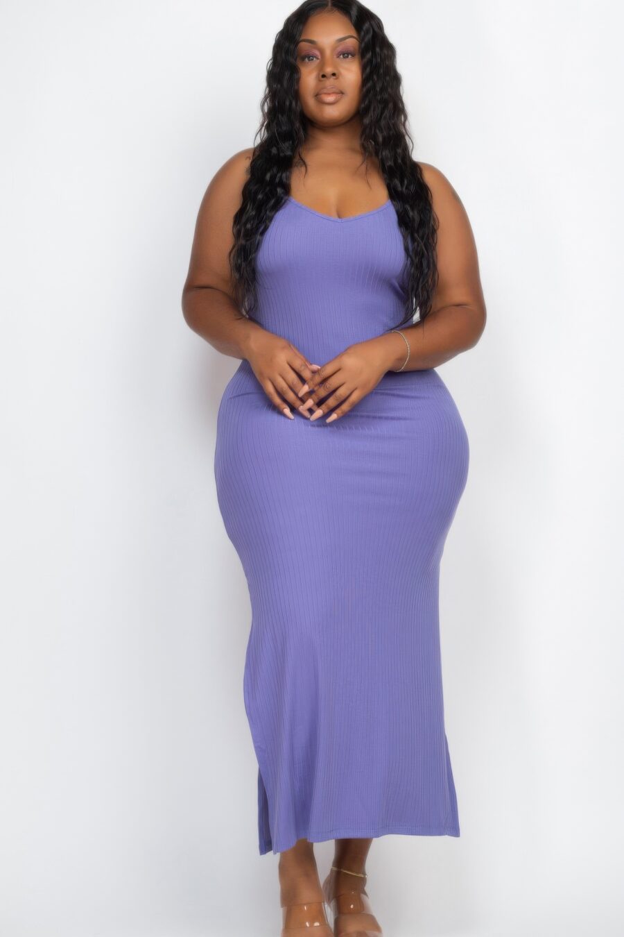 Plus size ribbed side slit long cami maxi dress