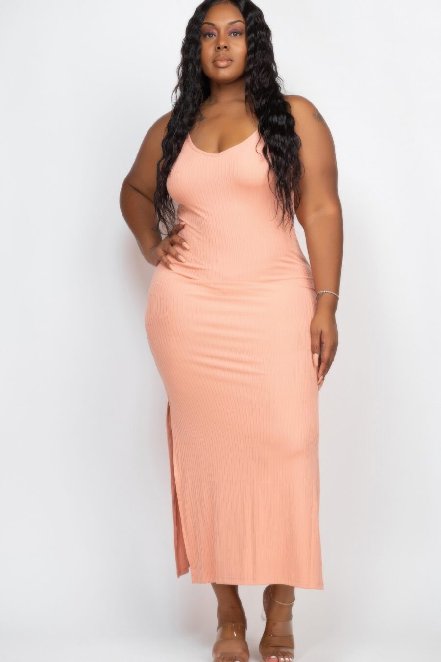 Plus size ribbed side slit long cami maxi dress