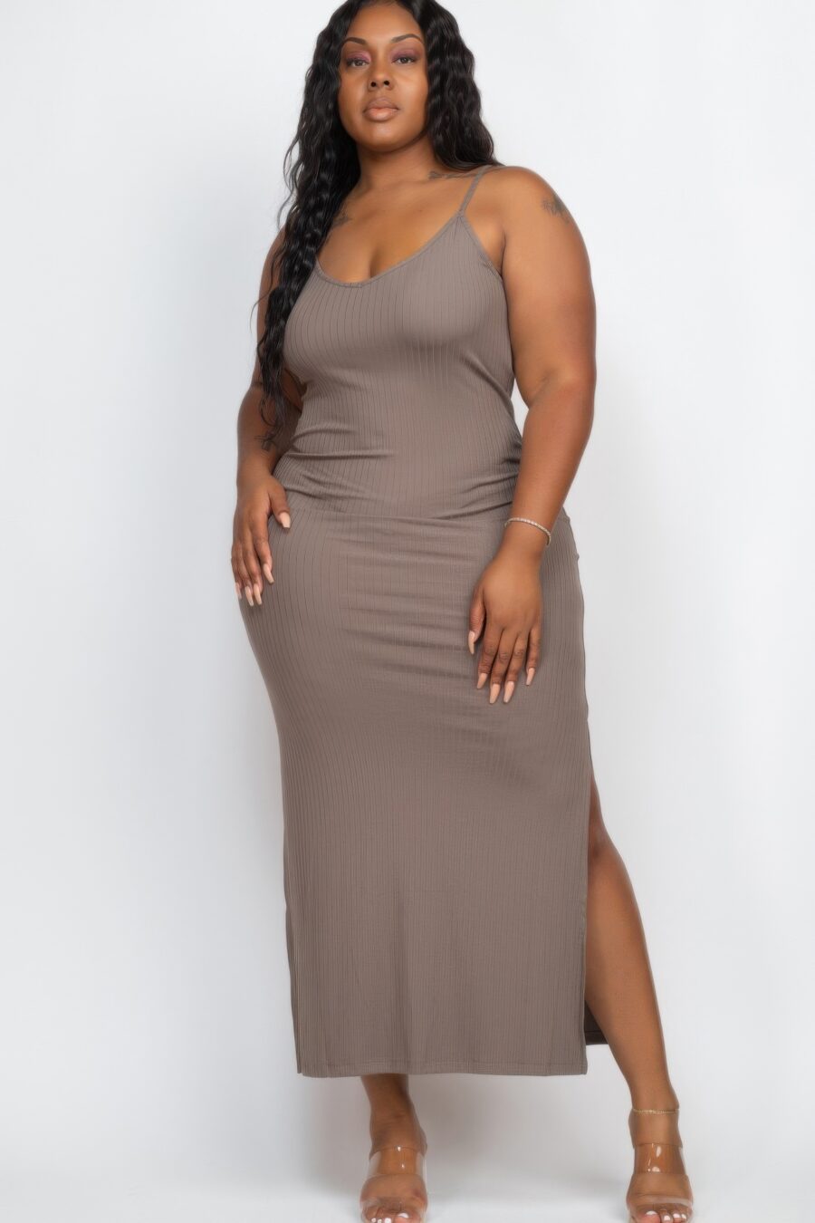 Plus size ribbed side slit long cami maxi dress