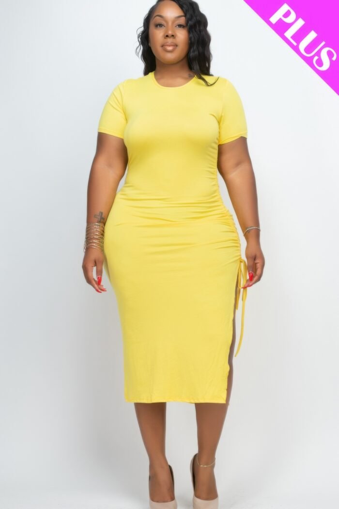 Plus size drawstring ruched side split hem midi dress
