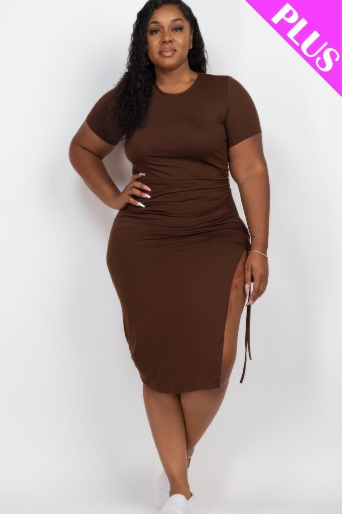 Plus size drawstring ruched side split hem midi dress