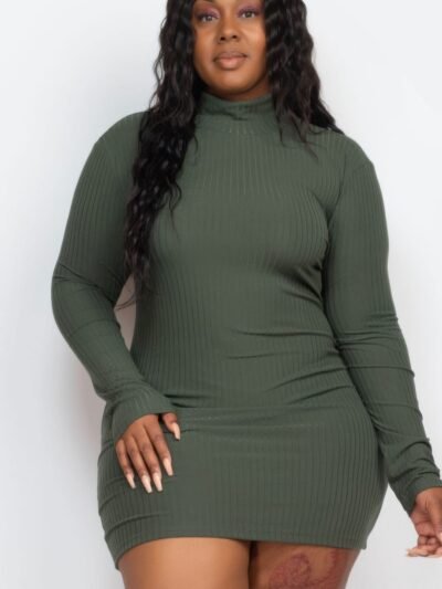 Plus Size Ribbed Long Sleeve Mock Neck Mini Bodycon Dress