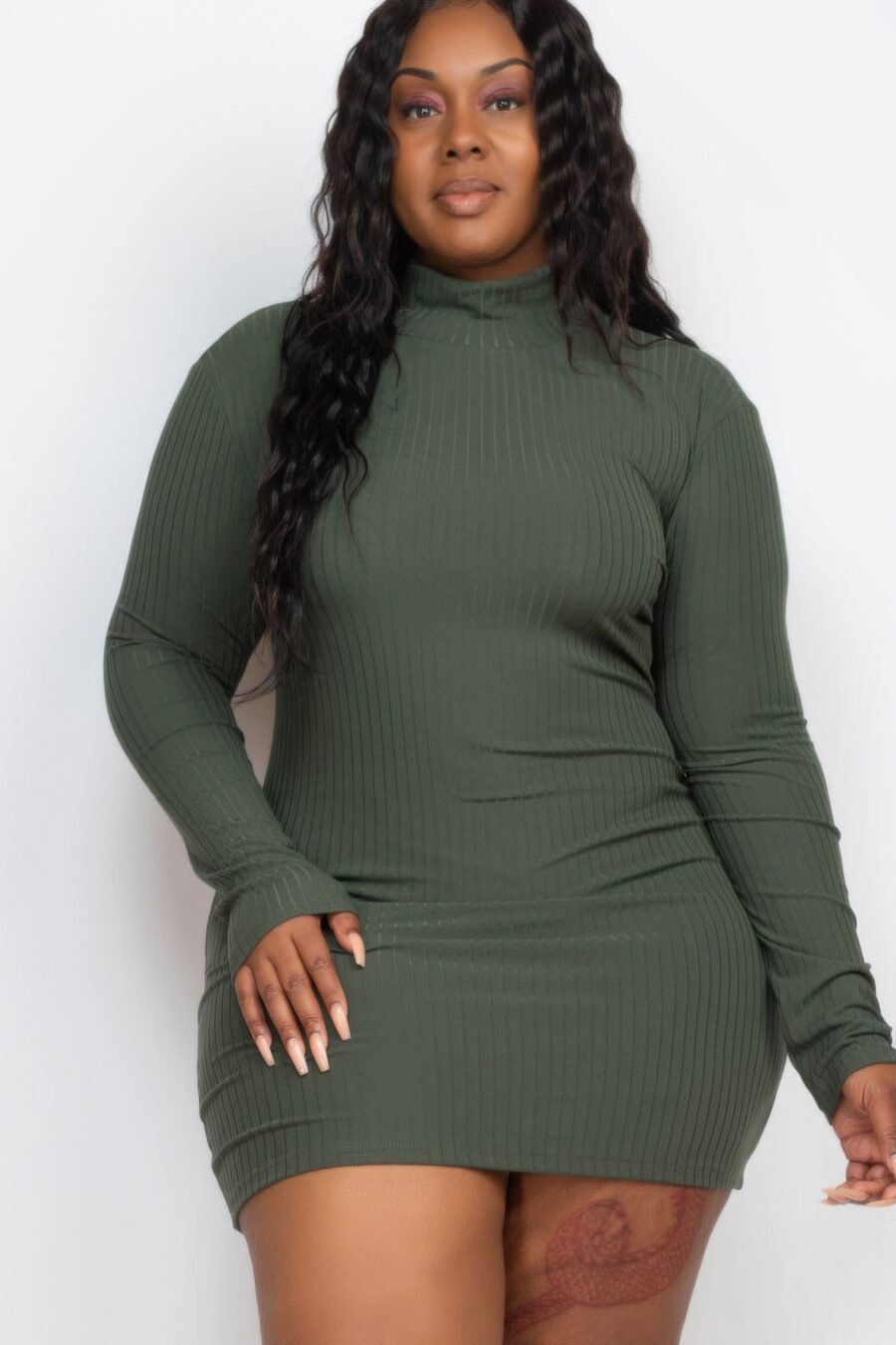 Plus size ribbed long sleeve mock neck mini bodycon dress