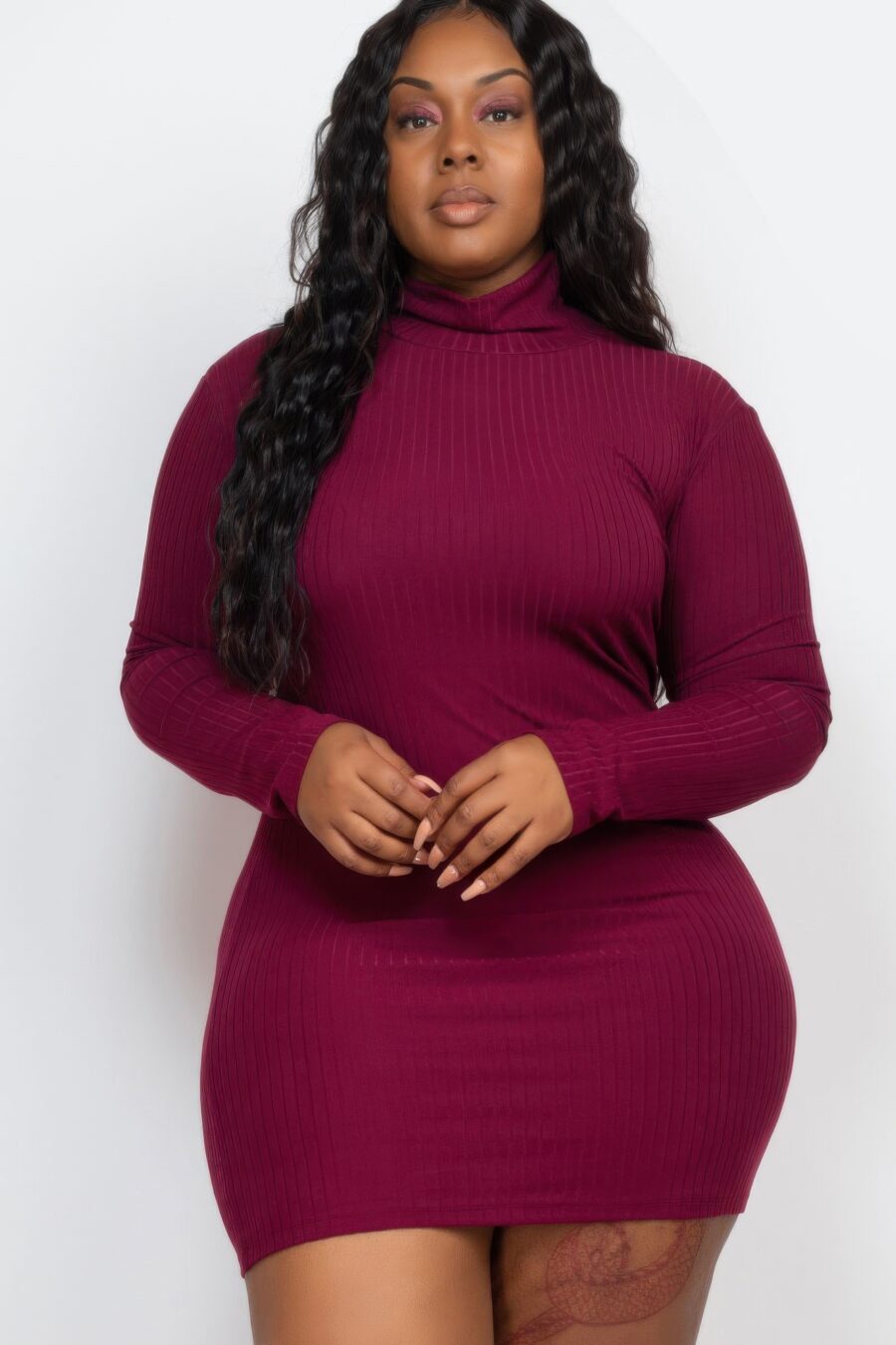 Plus size ribbed long sleeve mock neck mini bodycon dress