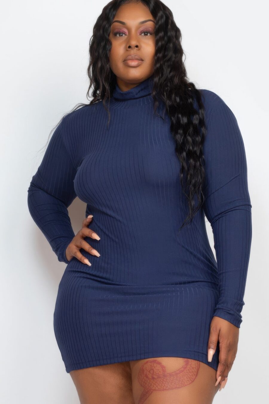 Plus size ribbed long sleeve mock neck mini bodycon dress