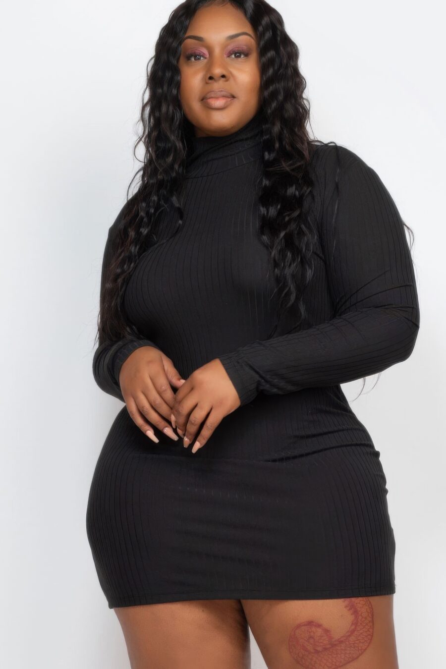 Plus size ribbed long sleeve mock neck mini bodycon dress