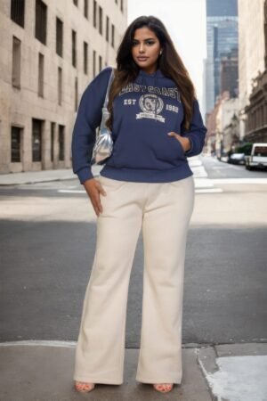 Plus size graphic kangaroo pocket drawstring hoodie with Eastcoast logo in black, navy, red, and white colors