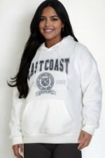 Plus size graphic kangaroo pocket drawstring hoodie with Eastcoast logo in black, navy, red, and white colors