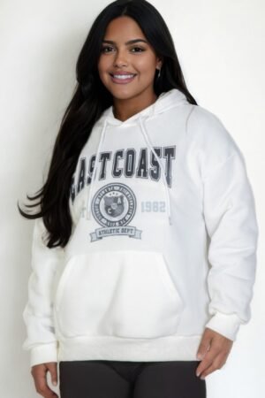 Plus size graphic kangaroo pocket drawstring hoodie with Eastcoast logo in black, navy, red, and white colors