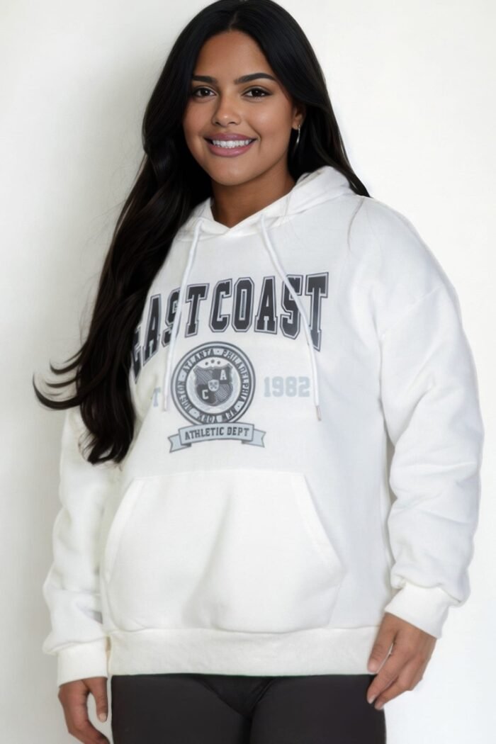 Plus size graphic kangaroo pocket drawstring hoodie with eastcoast logo in black, navy, red, and white colors