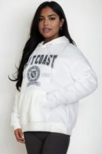 Plus size graphic kangaroo pocket drawstring hoodie with Eastcoast logo in black, navy, red, and white colors
