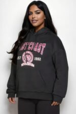 Plus size graphic kangaroo pocket drawstring hoodie with Eastcoast logo in black, navy, red, and white colors