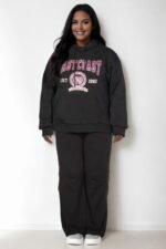 Plus size graphic kangaroo pocket drawstring hoodie with Eastcoast logo in black, navy, red, and white colors