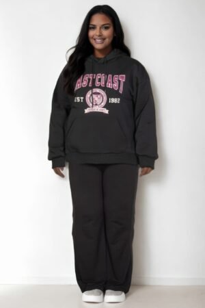 Plus size graphic kangaroo pocket drawstring hoodie with Eastcoast logo in black, navy, red, and white colors