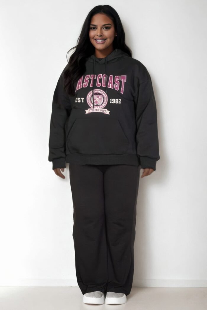 Plus size graphic kangaroo pocket drawstring hoodie with eastcoast logo in black, navy, red, and white colors
