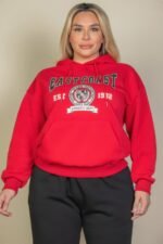 Plus size graphic kangaroo pocket drawstring hoodie with Eastcoast logo in black, navy, red, and white colors