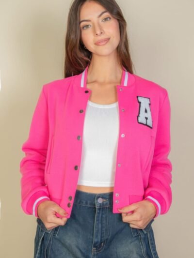 Ezwear Letter Patched Crop Varsity Jacket