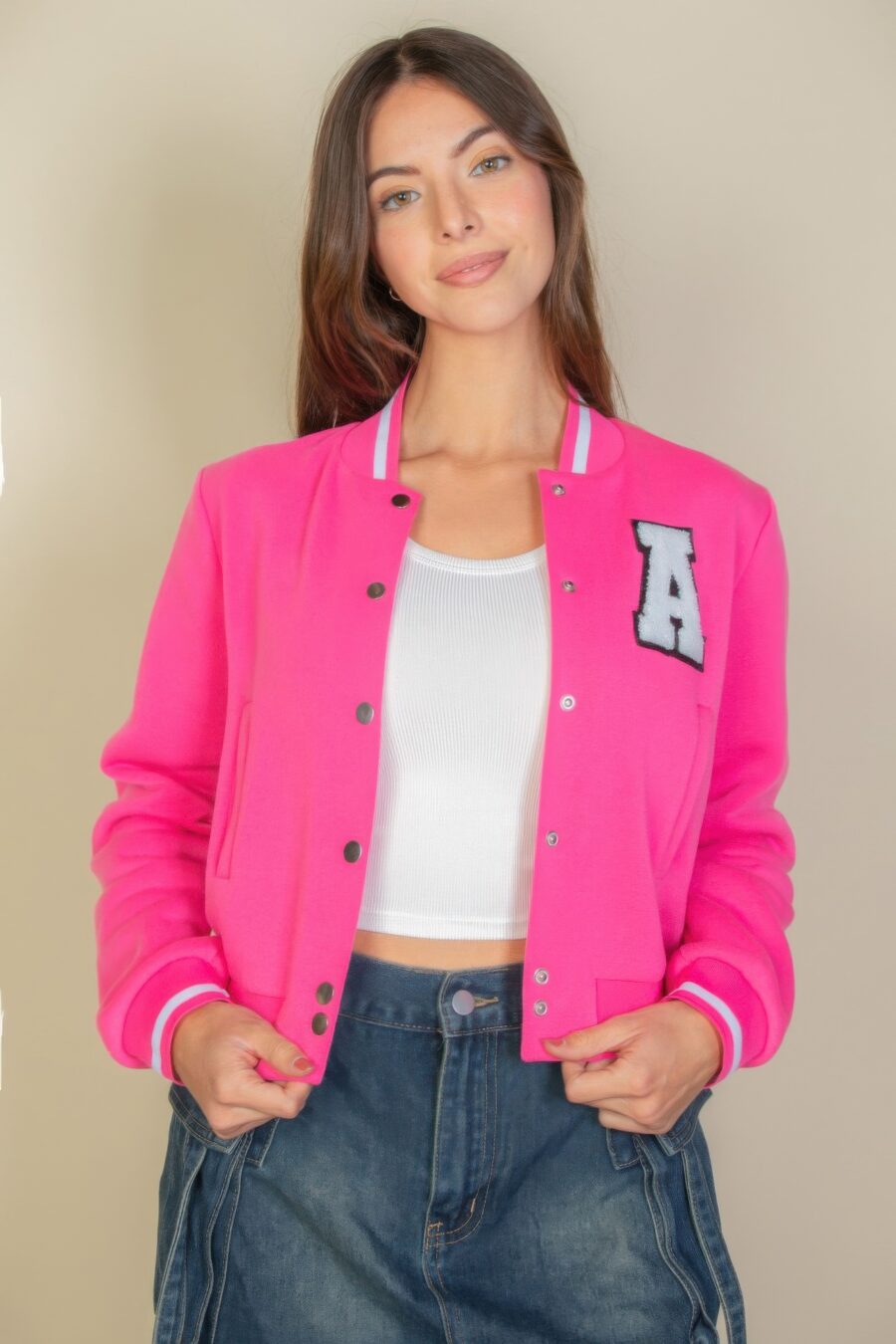 Ezwear letter patched crop varsity jacket