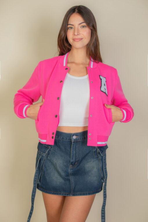 Ezwear Letter Patched Crop Varsity Jacket - Image 4