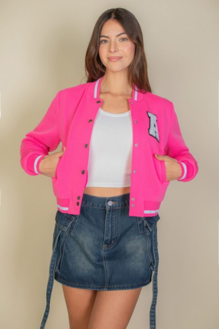 Ezwear letter patched crop varsity jacket