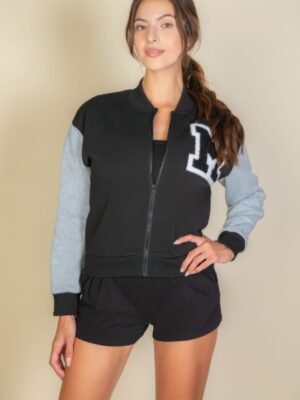 Letter Patched Striped Trim Varsity Jacket