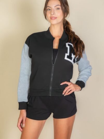Letter Patched Striped Trim Varsity Jacket